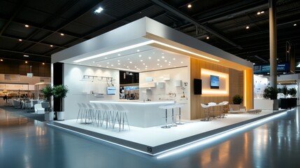 Budget-friendly exhibition stand design featuring a modern bar setup at a trade show in an indoor venue