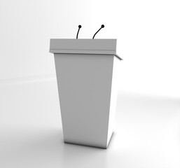 White rostrum isolated. White podium tribune rostrum stand with microphones on purple background. White rostrum, podium, tribune with microphones.