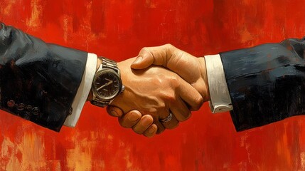 Two professionals shake hands firmly, symbolizing trust and partnership in a vibrant red setting