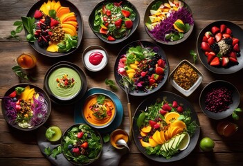 Fototapeta premium colorful plant based culinary creations artfully displayed rustic wooden table stunning visual appeal, arrangement, centerpieces, plating, decoration