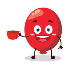 cute cheerful expression of red balloon cartoon character carry cup of coffee