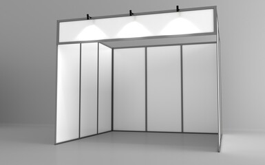 Blank white trade exhibition booth system stand. Trade show booth white and blank. Blank indoor exhibition with work paths