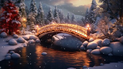 A surreal bridge adorned with twinkling lights, spanning a river of glistening snow, connecting two realms of Christmas enchantment.