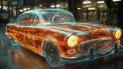 An exquisite vintage car glows with vibrant neon light effects, merging classic design with futuristic elements in a lively urban setting after dark