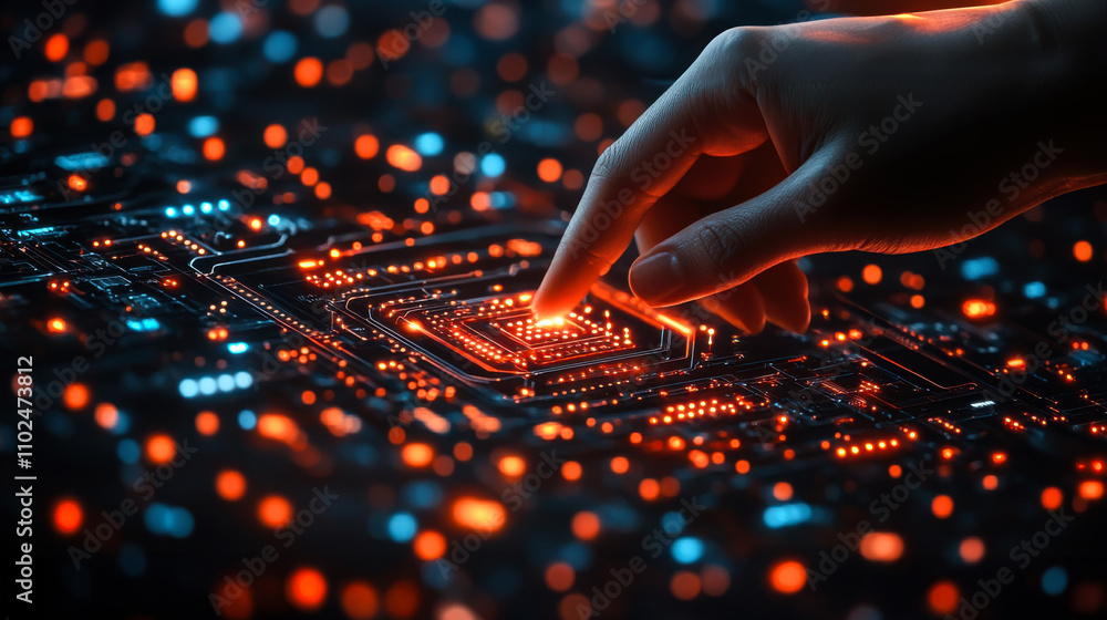 Poster a close-up view of a hand interacting with illuminated circuitry at night, showcasing technological 