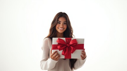 A woman holding a large gift box with a ribbon against a clean white background, festive look