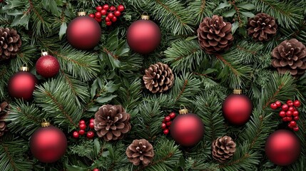 Festive Holiday Arrangement of Ornaments, Pinecones, and Evergreen Foliage