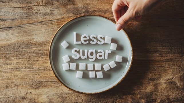Hand taking away a sugar cube from a plate with the words less sugar spelled out with sugar cubes, symbolizing reducing sugar intake for a healthier lifestyle