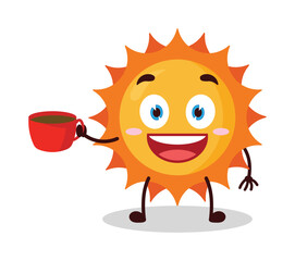 cute cheerful expression of sun cartoon character carry cup of coffee