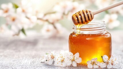 Natural Honey in a Jar Surrounded by Beautiful Blossoms