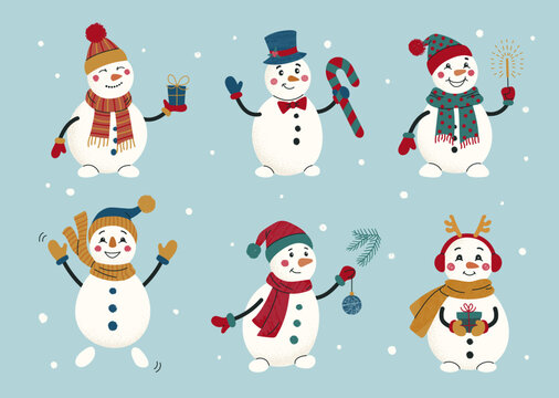 Set cute hand drawn snowmen for Christmas and Happy New Year design on blue background. Grunge texture effect. Holiday templates for card, poster, stickers, cover, invitation, print.