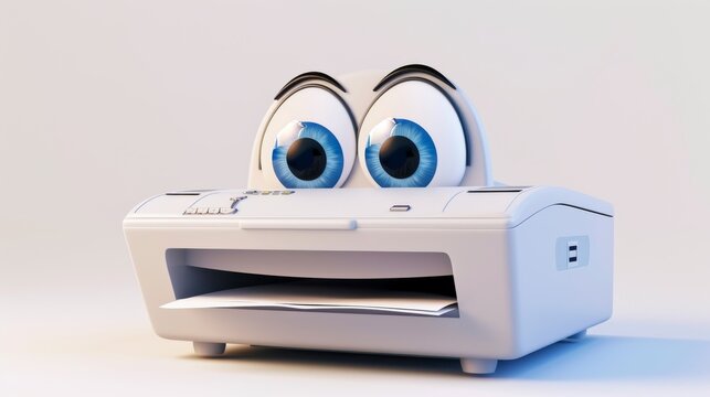 A playful cartoon printer with big blue eyes and a smiling expression, printing paper. Set against a simple, neutral background, this character design adds a fun twist to everyday technology. AI