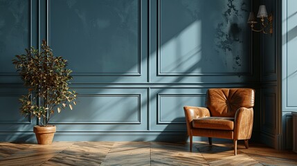 Sunlit Interior with Leather Armchair, Plant, and Blue Paneled Walls