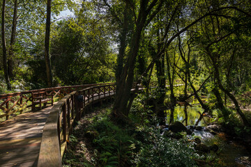 Obraz premium Wooden walkway on the river walk of the Anllons River in A Laracha, A Coruña.