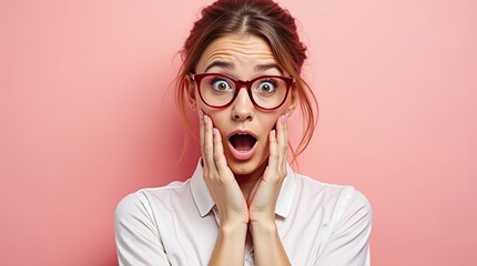 Shocked Woman with Red Glasses on Pink
