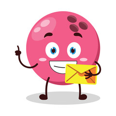 cute happy expression of pink bowling ball character bring envelope letter
