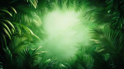 Lush Green Tropical Jungle with Dense Palm Leaves and Mist