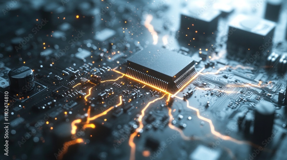 Poster close-up of a circuit board, showcasing intricate electronic components.