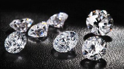Shimmering Cut Diamonds on Black Surface with Sparkling Reflections