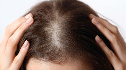 Fototapeta premium A woman examines her hair loss by softly touching her scalp with her hands, showcasing the impact of thinning hair on her appearance and feelings