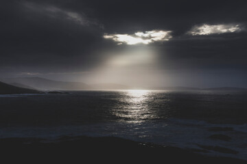 View of the Galician coast at sunset from the fishing village of Caion in A Laracha
