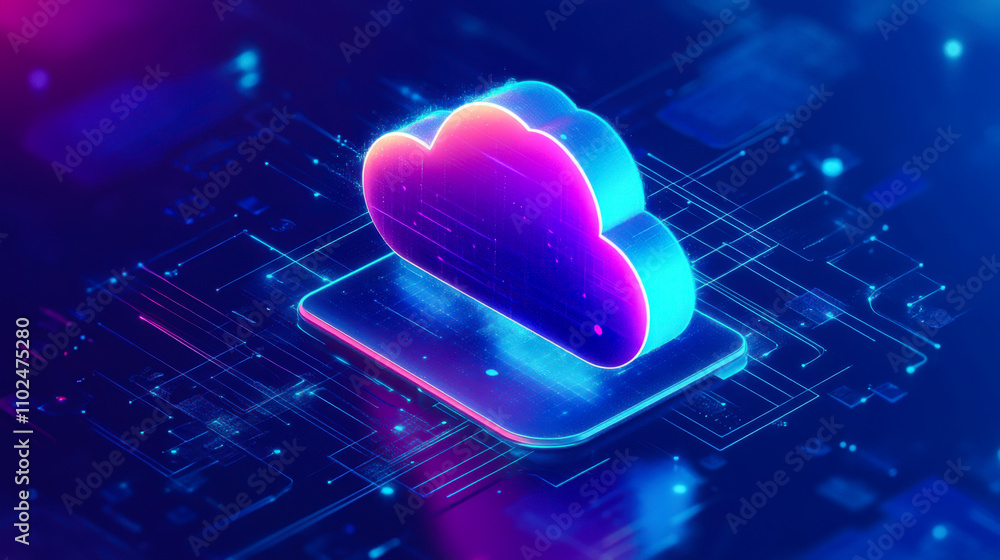 Poster a vibrant digital representation of a cloud computing concept connecting to a laptop in a futuristic