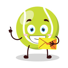 cute happy expression of tennis ball character bring envelope letter
