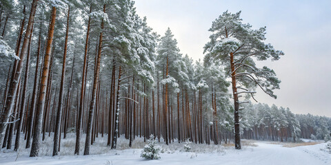 dense pine forest with branches heavy with fresh snow under a pale winter sky