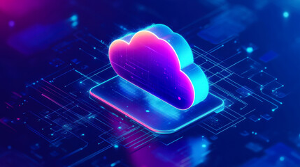 A vibrant digital representation of a cloud computing concept connecting to a laptop in a futuristic tech environment