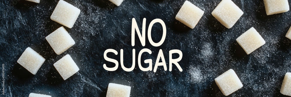 Aufkleber white sugar cubes scattered around the text no sugar written on a dark background promoting a sugar 