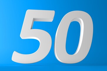 50. Number 50 in white on light blue background. Fifty number 3d sign.