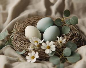 A set of naturally dyed Easter eggs rests peacefully in a woven nest, surrounded by fresh flowers and green leaves, capturing the essence of spring festivities and traditional egg decorating.