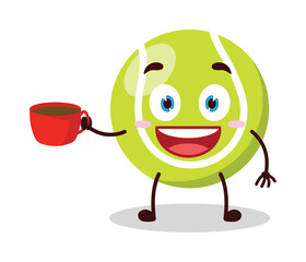 cute cheerful expression of tennis ball character carry cup of coffee