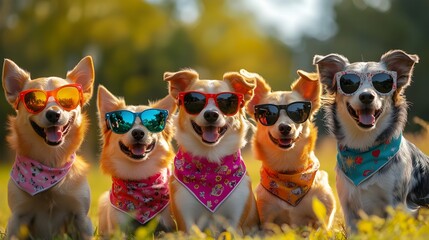 Dogs with sunglasses and bandana posing for studio fashion shoot, cool gang puppy, creative funny animal pet character in costume. Halloween national celebration event editorial advertisement banner.