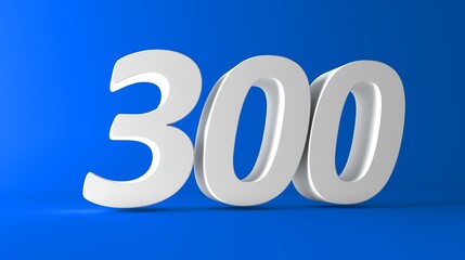 Number 300 in white on light blue background, isolated number. Three hundred number 3D Text.