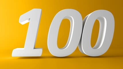 Number 100 in white on light yellow background, isolated number. One hundred 3D Number.