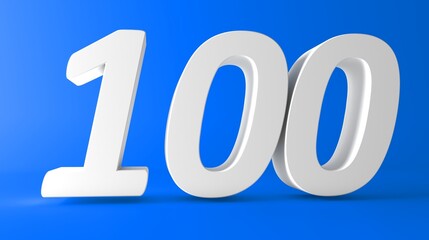 Number 100 in white on light blue background, isolated number. One hundred 3D Number.