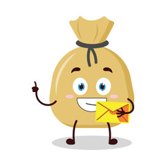 cute happy expression of money bag cartoon character bring envelope letter