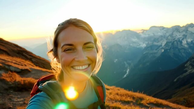 Smiling woman hiking in a stunning mountain landscape during sunset, with golden light illuminating the peaks and valley, evoking a sense of adventure and serenity. 4K video