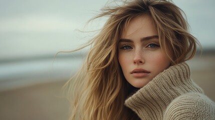 Fototapeta premium Femme pensive d'apparence slave blonde naturelle avec des cheveux longs, une texture de peau détaillée dans un temps beige et venteux
