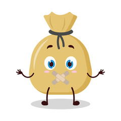 cute shut up expression of money bag cartoon character mouth closed with plaster