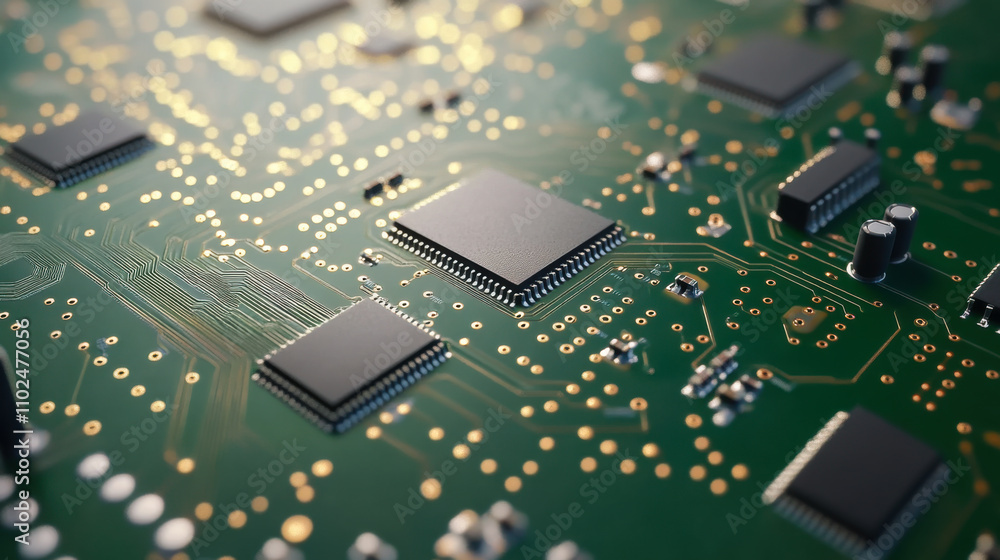 Aufkleber close-up view of a modern microchip on a circuit board, showcasing intricate connections and electro