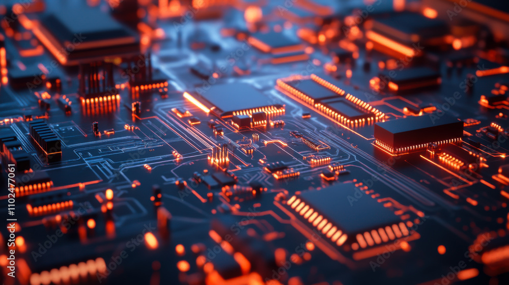 Poster close-up view of a modern microchip on a circuit board, showcasing intricate connections and electro