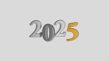 Minimalist 3D design of the year 2025 featuring silver numbers with a striking gold '5' on a clean white background. A sleek and modern representation perfect for New Year themes and branding.
