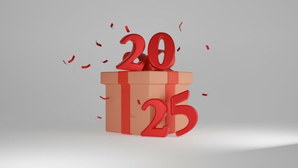 Festive 3D rendering of the year 2025 with bold red numbers emerging from a gift box, surrounded by celebratory confetti. A joyful and vibrant design perfect for New Year themes, events, and promotion