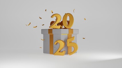 Elegant 3D design of the year 2025 with golden numbers emerging from a white gift box, adorned with matching golden ribbons and confetti. Perfect for New Year celebrations, promotions, and festive the