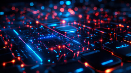 Fototapeta premium Exploring glowing circuitry on a circuit board with neon blue and red lights at night