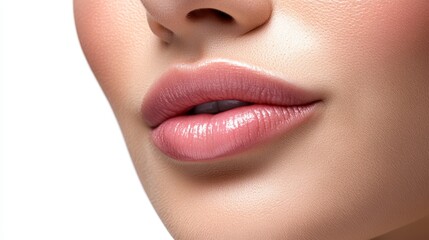 Fototapeta premium A close-up view of a woman's beautiful mouth with a soft pinkish tint, isolated on a white background, showcasing the natural contours and texture of the lips
