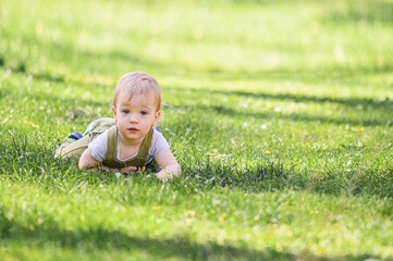 Toddler Lying on Grass in a Sunny Park