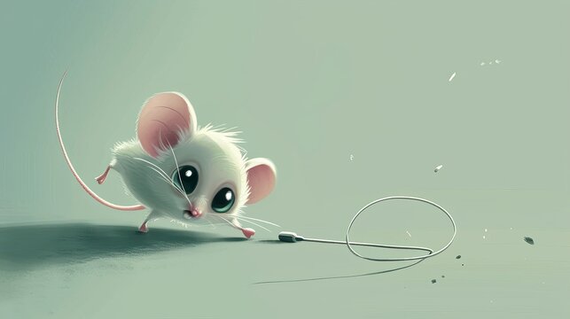 A cute white mouse curiously interacts with a piece of string on a smooth, minimalist surface. The soft lighting and clean design highlight the character's playful innocence. AI generated.